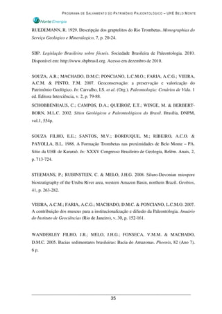 PROGRAMA DE SALVAMENTO DO PATRIMÔNIO PALEONTOLÓGICO – UHE BELO MONTE



RUEDEMANN, R. 1929. Descripção dos graptolitos do Rio Trombetas. Monographias do
Serviço Geologico e Mineralogico, 7, p. 20-24.


SBP. Legislação Brasileira sobre fósseis. Sociedade Brasileira de Paleontologia. 2010.
Disponível em: http://www.sbpbrasil.org. Acesso em dezembro de 2010.


SOUZA, A.R.; MACHADO, D.M.C; PONCIANO, L.C.M.O.; FARIA, A.C.G.; VIEIRA,
A.C.M. & PINTO, F.M. 2007. Geoconservação: a preservação e valorização do
Patrimônio Geológico. In: Carvalho, I.S. et al. (Org.). Paleontologia: Cenários de Vida. 1
ed. Editora Interciência, v. 2, p. 79-88.
SCHOBBENHAUS, C.; CAMPOS, D.A.; QUEIROZ, E.T.; WINGE, M. & BERBERT-
BORN, M.L.C. 2002. Sítios Geológicos e Paleontológicos do Brasil. Brasília, DNPM,
vol.1, 554p.


SOUZA FILHO, E.E.; SANTOS, M.V.; BORDUQUE, M.; RIBEIRO, A.C.O. &
PAYOLLA, B.L. 1988. A Formação Trombetas nas proximidades de Belo Monte – PA.
Sítio da UHE de Kararaô. In: XXXV Congresso Brasileiro de Geologia, Belém. Anais, 2,
p. 713-724.


STEEMANS, P.; RUBINSTEIN, C. & MELO, J.H.G. 2008. Siluro-Devonian miospore
biostratigraphy of the Urubu River area, western Amazon Basin, northern Brazil. Geobios,
41, p. 263-282.


VIEIRA, A.C.M.; FARIA, A.C.G.; MACHADO, D.M.C. & PONCIANO, L.C.M.O. 2007.
A contribuição dos museus para a institucionalização e difusão da Paleontologia. Anuário
do Instituto de Geociências (Rio de Janeiro), v. 30, p. 152-161.


WANDERLEY FILHO, J.R.; MELO, J.H.G.; FONSECA, V.M.M. & MACHADO,
D.M.C. 2005. Bacias sedimentares brasileiras: Bacia do Amazonas. Phoenix, 82 (Ano 7),
6 p.




                                           35
 