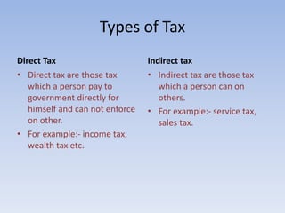 Types of Tax 
Direct Tax 
• Direct tax are those tax 
which a person pay to 
government directly for 
himself and can not enforce 
on other. 
• For example:- income tax, 
wealth tax etc. 
Indirect tax 
• Indirect tax are those tax 
which a person can on 
others. 
• For example:- service tax, 
sales tax. 
 
