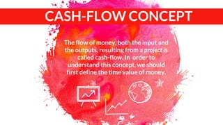 The flow of money, both the input and
the outputs, resulting from a project is
called cash-flow. In order to
understand this concept, we should
first define the time value of money.
CASH-FLOW CONCEPT
 