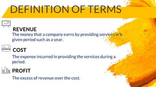 DEFINITION OF TERMS
COST
The money that a company earns by providing services in a
given period such as a year.
REVENUE
The expense incurred in providing the services during a
period.
PROFIT
The excess of revenue over the cost.
 