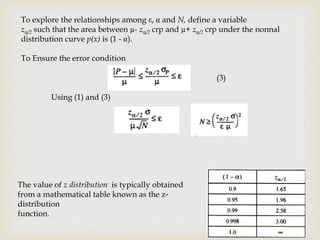To explore the relationships among , and N, define a variable
z /2 such that the area between µ- z /2 crp and µ+ z /2 crp under the nonnal
distribution curve p(x) is (1 - ).
To Ensure the error condition
(3)
Using (1) and (3)
The value of z distribution is typically obtained
from a mathematical table known as the z-
distribution
function.
 