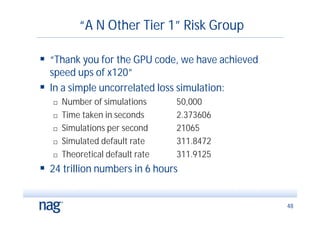 “A N Other Tier 1” Risk Group

 “Thank you for the GPU code, we have achieved
  speed ups of x120”
 In a simple uncorrelated loss simulation:
      Number of simulations      50,000
      Time taken in seconds      2.373606
      Simulations per second     21065
      Simulated default rate     311.8472
      Theoretical default rate   311.9125
 24 trillion numbers in 6 hours

                                                  48
 