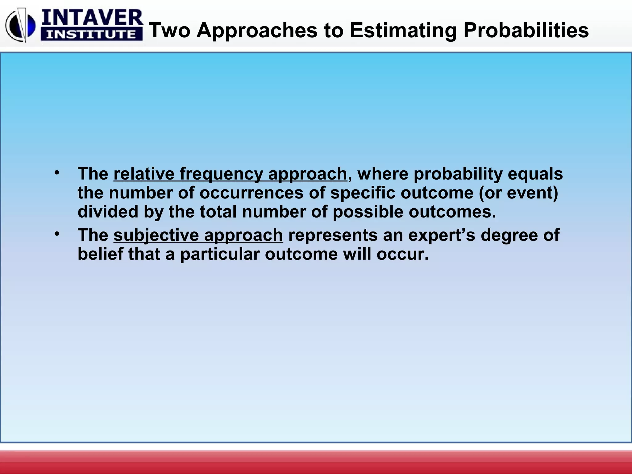 Two Approaches to Estimating Probabilities
• The relative frequency approach, where probability equals
the number of occurrences of specific outcome (or event)
divided by the total number of possible outcomes.
• The subjective approach represents an expert’s degree of
belief that a particular outcome will occur.
 