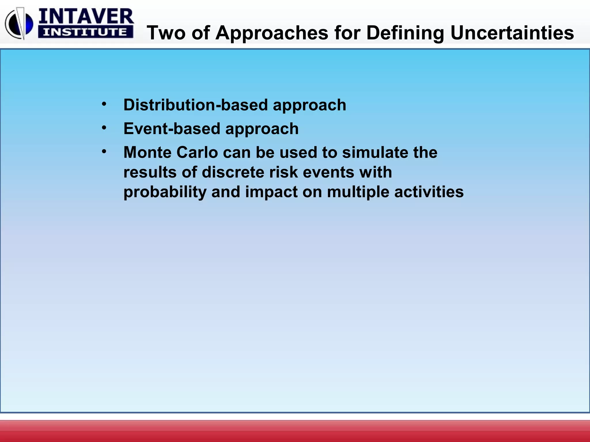 Two of Approaches for Defining Uncertainties
• Distribution-based approach
• Event-based approach
• Monte Carlo can be used to simulate the
results of discrete risk events with
probability and impact on multiple activities
 