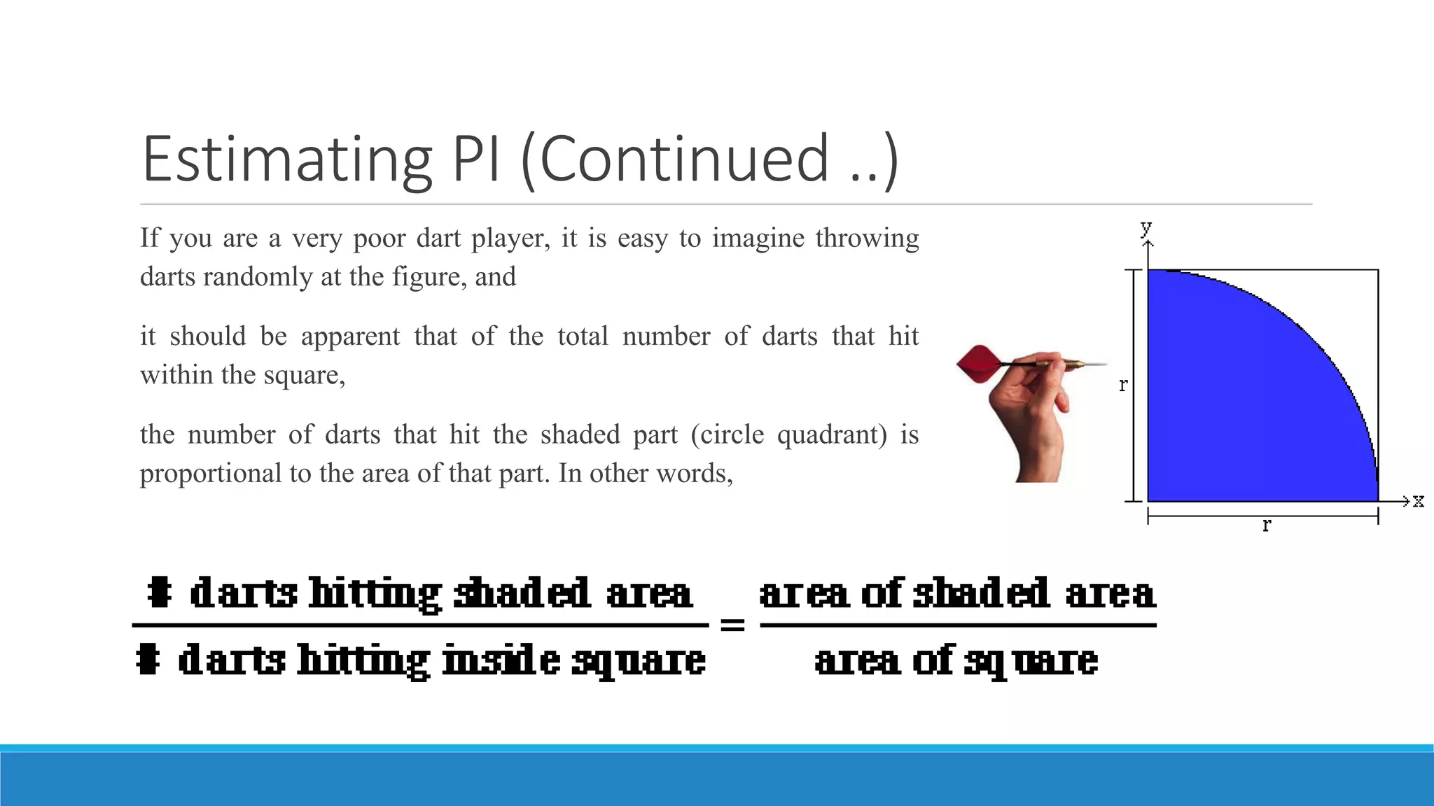 Estimating PI (Continued ..)
If you are a very poor dart player, it is easy to imagine throwing
darts randomly at the figure, and
it should be apparent that of the total number of darts that hit
within the square,
the number of darts that hit the shaded part (circle quadrant) is
proportional to the area of that part. In other words,
 