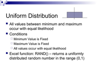 Uniform Distribution
 All values between minimum and maximum
occur with equal likelihood
 Conditions
 Minimum Value is Fixed
 Maximum Value is Fixed
 All values occur with equal likelihood
 Excel function: RAND() – returns a uniformly
distributed random number in the range (0,1)
 