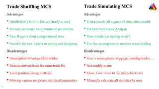 Trade Shuffling MCS
Advantages
• AmiBroker’s built-in feature (ready to use)
• Provide necessary basic statistical parameters
• Fast. Require short computational time
• Suitable for new traders in testing and designing
Disadvantages
• Assumption of independent trades
• Results derived from the same trade list
• Limit position sizing methods
• Missing various important statistical parameters
Trade Simulating MCS
Advantages
• User controls all aspects of simulation model
• Perform Sensitivity Analysis
• True simulation trading model
• Use the assumptions to monitor actual trading
Disadvantages
• User’s assumptions: slippage, missing trades, …
• Not readily to use
• Slow. Take times to run many backtests
• Manually calculate all statistics by user
10
 