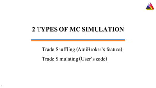 Trade Shuffling (AmiBroker’s feature)
Trade Simulating (User’s code)
2 TYPES OF MC SIMULATION
7
 