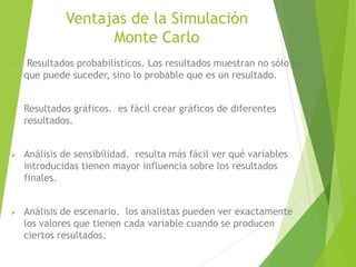 Ventajas de la Simulación
Monte Carlo
 Resultados probabilísticos. Los resultados muestran no sólo lo
que puede suceder, sino lo probable que es un resultado.
 Resultados gráficos. es fácil crear gráficos de diferentes
resultados.
 Análisis de sensibilidad. resulta más fácil ver qué variables
introducidas tienen mayor influencia sobre los resultados
finales.
 Análisis de escenario. los analistas pueden ver exactamente
los valores que tienen cada variable cuando se producen
ciertos resultados.
 