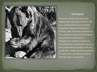 MiśWojtek
W bitwie o Monte Cassino wziął
udział jeden niezwykły żołnierz. Był
nim niedźwiedź brunatny Wojtek,
maskotka II ...