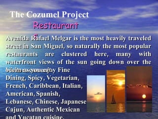 The Cozumel Project Visitors can enjoy Fine Dining, Spicy,   Vegetarian, French, Caribbean, Italian, American,   Spanish, Lebanese, Chinese, Japanese, Cajun, Authentic Mexican and Yucatan cuisine. Restaurants Avenida Rafael Melgar is the most heavily traveled street in San Miguel, so naturally the most popular restaurants are clustered here, many with waterfront views of the sun going down over the ocean as you eat. 