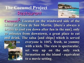 The Cozumel Project Restaurants Coconuts -  Located on the windward side of the island at Playa de San Martin, (there's always a breeze to cool you down after fun in the sun), only 20 minutes from downtown, a great place to eat and drink. The salsa (and chips) which is served to everyon everyone is 100% fresh, so yummy with a kick. The view is spectacular, set way up on the only rock formation on the island - equivalent to a movie setting.  
