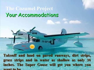 The Cozumel Project Your   Accommodations Takeoff and land on paved runways, dirt strips, grass strips and in water as shallow as only 36 inches. The Super Goose will get you where you want to be. 