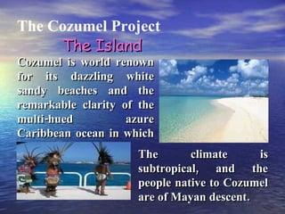 The Cozumel Project Cozumel is world renown for its dazzling white sandy beaches and the remarkable clarity of the multi-hued azure Caribbean ocean in which it rests. The climate is subtropical, and the people native to Cozumel are of Mayan descent. The Island 