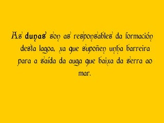 As  dunas  son as responsables da formación desta lagoa, xa que supoñen unha barreira para a saída da auga que baixa da serra ao mar. 
