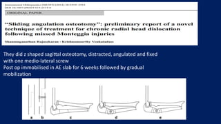 They did z shaped sagittal osteotomy, distracted, angulated and fixed
with one medio-lateral screw
Post op immobilised in AE slab for 6 weeks followed by gradual
mobilization
 