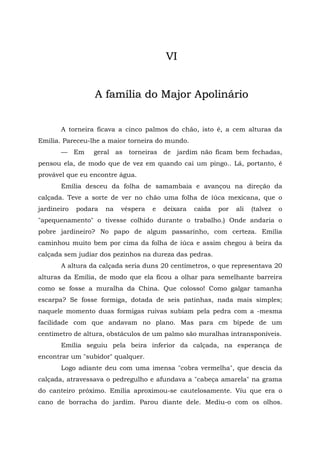 VI


                  A família do Major Apolinário


       A torneira ficava a cinco palmos do chão, isto é, a cem alturas da
Emília. Pareceu-lhe a maior torneira do mundo.
       — Em      geral as torneiras de jardim não ficam bem fechadas,
pensou ela, de modo que de vez em quando cai um pingo.. Lá, portanto, é
provável que eu encontre água.
       Emília desceu da folha de samambaia e avançou na direção da
calçada. Teve a sorte de ver no chão uma folha de iúca mexicana, que o
jardineiro   podara   na   véspera   e   deixara   caída   por   ali   (talvez   o
"apequenamento" o tivesse colhido durante o trabalho.) Onde andaria o
pobre jardineiro? No papo de algum passarinho, com certeza. Emília
caminhou muito bem por cima da folha de iúca e assim chegou à beira da
calçada sem judiar dos pezinhos na dureza das pedras.
       A altura da calçada seria duns 20 centímetros, o que representava 20
alturas da Emília, de modo que ela ficou a olhar para semelhante barreira
como se fosse a muralha da China. Que colosso! Como galgar tamanha
escarpa? Se fosse formiga, dotada de seis patinhas, nada mais simples;
naquele momento duas formigas ruivas subiam pela pedra com a -mesma
facilidade com que andavam no plano. Mas para cm bípede de um
centímetro de altura, obstáculos de um palmo são muralhas intransponíveis.
       Emília seguiu pela beira inferior da calçada, na esperança de
encontrar um "subidor" qualquer.
       Logo adiante deu com uma imensa "cobra vermelha", que descia da
calçada, atravessava o pedregulho e afundava a "cabeça amarela" na grama
do canteiro próximo. Emília aproximou-se cautelosamente. Viu que era o
cano de borracha do jardim. Parou diante dele. Mediu-o com os olhos.
 
