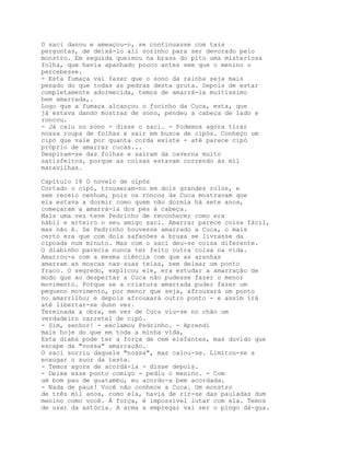 O saci danou e ameaçou-o, se continuasse com tais
perguntas, de deixá-lo ali sozinho para ser devorado pelo
monstro. Em seguida queimou na brasa do pito uma misteriosa
folha, que havia apanhado pouco antes sem que o menino o
percebesse.
- Esta fumaça vai fazer que o sono da rainha seja mais
pesado do que todas as pedras desta gruta. Depois de estar
completamente adormecida, temos de amarrá-la muitíssimo
bem amarrada,.
Logo que a fumaça alcançou o focinho da Cuca, esta, que
já estava dando mostras de sono, pendeu a cabeça de lado e
roncou.
- Já caiu no sono - disse o saci. - Podemos agora tirar
nossa roupa de folhas e sair em busca de cipós. Conheço um
cipó que vale por quanta corda existe - até parece cipó
próprio de amarrar cucas...
Despiram-se das folhas e saíram da caverna muito
satisfeitos, porque as coisas estavam correndo às mil
maravilhas.

Capítulo 18 O novelo de cipós
Cortado o cipó, trouxeram-no em dois grandes rolos, e
sem receio nenhum, pois os roncos da Cuca mostravam que
ela estava a dormir como quem não dormia há sete anos,
começaram a amarrá-la dos pés à cabeça.
Mais uma vez teve Pedrinho de reconhecer como era
hábil e arteiro o seu amigo saci. Amarrar parece coisa fácil,
mas não é. Se Pedrinho houvesse amarrado a Cuca, o mais
certo era que com dois safanões a bruxa se livrasse da
cipoada num minuto. Mas com o saci deu-se coisa diferente.
O diabinho parecia nunca ter feito outra coisa na vida.
Amarrou-a com a mesma ciência com que as aranhas
amarram as moscas nas suas teias, sem deixar um ponto
fraco. O segredo, explicou ele, era estudar a amarração de
modo que ao despertar a Cuca não pudesse fazer o menor
movimento. Porque se a criatura amarrada puder fazer um
pequeno movimento, por menor que seja, afrouxará um ponto
no amarrilho; e depois afrouxará outro ponto - e assim irá
até libertar-se dunn vez.
Terminada a obra, em vez de Cuca viu-se no chão um
verdadeiro carretel de cipó.
- Sim, senhor! - exclamou Pedrinho. - Aprendi
mais hoje do que em toda a minha vida,
Esta diaba pode ter a força de cem elefantes, mas duvido que
escape da "nossa" amarração.
O saci sorriu daquele "nossa", mas calou-se. Limitou-se a
enxugar o suor da testa.
- Temos agora de acordá-la - disse depois.
- Deixe esse ponto comigo - pediu o menino. - Com
um bom pau de guatambu, eu acordo-a bem acordada.
- Nada de paus! Você não conhece a Cuca. Um monstro
de três mil anos, como ela, havia de rir-se das pauladas dum
menino como você. À força, é impossível lutar com ela. Temos
de usar da astúcia. A arma a empregar vai ser o pingo dá-gua.
 