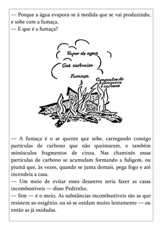— Porque a água evapora-se à medida que se vai produzindo,
e sobe com a fumaça.
— E que é a fumaça?




— A fumaça é o ar quente que sobe, carregando consigo
partículas de carbono que não queimaram, e também
minúsculos fragmentos de cinza. Nas chaminés essas
partículas de carbono se acumulam formando a fuligem, ou
piumã que, às vezes, quando se junta demais, pega fogo e até
incendeia a casa.
— Um meio de evitar esses desastres seria fazer as casas
incombustíveis — disse Pedrinho.
— Sim — é o meio. As substâncias incombustíveis são as que
resistem ao oxigênio, ou só se oxidam muito lentamente — ou
então as já oxidadas.
 