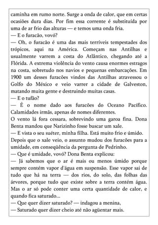 caminha em rumo norte. Surge a onda de calor, que em certas
ocasiões dura dias. Por fim essa corrente é substituída por
uma de ar frio das alturas — e temos uma onda fria.
— E o furacão, vovó?
— Oh, o furacão é uma das mais terríveis tempestades dos
trópicos, aqui na América. Começam nas Antilhas e
usualmente varrem a costa do Atlântico, chegando até a
Flórida. A extrema violência do vento causa enormes estragos
na costa, sobretudo nos navios e pequenas embarcações. Em
1900 um desses furacões vindos das Antilhas atravessou o
Golfo do México e veio varrer a cidade de Galveston,
matando muita gente e destruindo muitas casas.
— E o tufão?
— É o nome dado aos furacões do Oceano Pacífico.
Calamidades irmãs, apenas de nomes diferentes.
O vento lá fora cessara, sobrevindo uma garoa fina. Dona
Benta mandou que Narizinho fosse buscar um xale.
— E vista o seu suéter, minha filha. Está muito frio e úmido.
Depois que o xale veio, o assunto mudou dos furacões para a
umidade, em conseqüência da pergunta de Pedrinho.
— Que é umidade, vovó? Dona Benta explicou:
— Já sabemos que o ar é mais ou menos úmido porque
sempre contém vapor d'água em suspensão. Esse vapor sai de
tudo que há na terra — dos rios, do solo, das folhas das
árvores, porque tudo que existe sobre a terra contém água.
Mas o ar só pode conter uma certa quantidade de calor, e
quando fica saturado...
— Que quer dizer saturado? — indagou a menina,
— Saturado quer dizer cheio até não agüentar mais.
 
