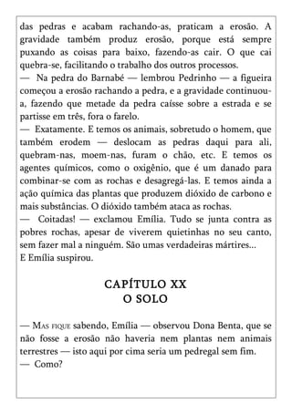 das pedras e acabam rachando-as, praticam a erosão. A
gravidade também produz erosão, porque está sempre
puxando as coisas para baixo, fazendo-as cair. O que cai
quebra-se, facilitando o trabalho dos outros processos.
— Na pedra do Barnabé — lembrou Pedrinho — a figueira
começou a erosão rachando a pedra, e a gravidade continuou-
a, fazendo que metade da pedra caísse sobre a estrada e se
partisse em três, fora o farelo.
— Exatamente. E temos os animais, sobretudo o homem, que
também erodem — deslocam as pedras daqui para ali,
quebram-nas, moem-nas, furam o chão, etc. E temos os
agentes químicos, como o oxigênio, que é um danado para
combinar-se com as rochas e desagregá-las. E temos ainda a
ação química das plantas que produzem dióxido de carbono e
mais substâncias. O dióxido também ataca as rochas.
— Coitadas! — exclamou Emília. Tudo se junta contra as
pobres rochas, apesar de viverem quietinhas no seu canto,
sem fazer mal a ninguém. São umas verdadeiras mártires...
E Emília suspirou.

                   CAPÍTULO XX
                     O SOLO

— MAS FIQUE sabendo, Emília — observou Dona Benta, que se
não fosse a erosão não haveria nem plantas nem animais
terrestres — isto aqui por cima seria um pedregal sem fim.
— Como?
 