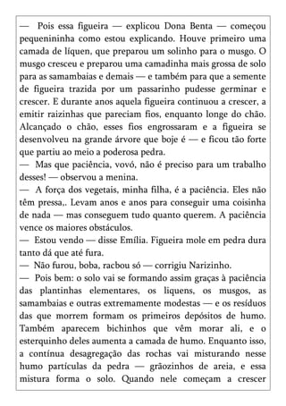 — Pois essa figueira — explicou Dona Benta — começou
pequenininha como estou explicando. Houve primeiro uma
camada de líquen, que preparou um solinho para o musgo. O
musgo cresceu e preparou uma camadinha mais grossa de solo
para as samambaias e demais — e também para que a semente
de figueira trazida por um passarinho pudesse germinar e
crescer. E durante anos aquela figueira continuou a crescer, a
emitir raizinhas que pareciam fios, enquanto longe do chão.
Alcançado o chão, esses fios engrossaram e a figueira se
desenvolveu na grande árvore que boje é — e ficou tão forte
que partiu ao meio a poderosa pedra.
— Mas que paciência, vovó, não é preciso para um trabalho
desses! — observou a menina.
— A força dos vegetais, minha filha, é a paciência. Eles não
têm pressa,. Levam anos e anos para conseguir uma coisinha
de nada — mas conseguem tudo quanto querem. A paciência
vence os maiores obstáculos.
— Estou vendo — disse Emília. Figueira mole em pedra dura
tanto dá que até fura.
— Não furou, boba, racbou só — corrigiu Narizinho.
— Pois bem: o solo vai se formando assim graças à paciência
das plantinhas elementares, os liquens, os musgos, as
samambaias e outras extremamente modestas — e os resíduos
das que morrem formam os primeiros depósitos de humo.
Também aparecem bichinhos que vêm morar ali, e o
esterquinho deles aumenta a camada de humo. Enquanto isso,
a contínua desagregação das rochas vai misturando nesse
humo partículas da pedra — grãozinhos de areia, e essa
mistura forma o solo. Quando nele começam a crescer
 