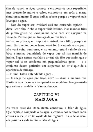 sim de vapor. A água começa a evaporar-se pela superfície;
mas crescendo muito o calor, evapora-se em toda a massa
simultaneamente. E essas bolhas sobem porque o vapor é mais
leve que a água.
— Essa do vapor ser invisível está me causando espécie —
disse Pedrinho. Acho o vapor visibilíssimo. Nas manhãs frias
de junho gosto de levantar-me cedo para vir assoprar na
varanda. Parece que sai fumaça da minha boca.
— Isso só prova que o vapor é invisível, meu filho, porque se
num dia quente, como hoje, você for à varanda e assoprar,
não verá coisa nenhuma, e no entanto estará saindo da sua
boca a mesma quantidade de vapor que sai nas manhãs de
junho. É que nessas manhãs o ar está tão frio que assim que o
vapor sai já se condensa em pequeníssimas gotas — e o
conjunto dessas gotículas em suspensão no ar é que dá a
aparência de fumaça.
— Hum! Estou entendendo agora ...
— E chega de água por hoje, vovó — disse a menina. Tia
Nastácia está tocando a campainha — sinal dum frango assado
que vai ser uma delícia. Vamos almoçar.

                    CAPÍTULO VI
                     MAIS ÁGUA

NA TARDE DESSE dia Dona Benta continuou a falar da água.
Que capítulo comprido o da água, e como a boa senhora sabia
coisas a respeito do tal óxido de hidrogênio! Se a deixassem,
ela passaria a vida inteira a falar de água.
 
