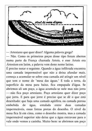 — Artesiano que quer dizer? Alguma palavra grega?
— Não. Como os primeiros poços desse tipo foram abertos
numa parte da França chamada Artois, e esse Artois era
Àrtesium em latim, a palavra vem deste nome latino.
É preciso notar o seguinte. Quando a água infiltrada encontra
uma camada impermeável que não a deixa afundar mais,
começa a acumular-se sobre essa camada até atingir um nível
que tem o nome de "mesa das águas." E toda a terra, da
superfície da mesa para baixo, fica empapada d'água. Se
abrirmos ali um poço, a água acumula-se nele mas não jorra
—-não fica poço artesiano. Poço artesiano quer dizer poço
que jorra. E para que jorre é preciso que se dê o que está
desenhado: que haja uma camada aqüífera, ou camada porosa
embebida de água, entalada entre duas camadas
impermeáveis, essas listras pretas do desenho. O nível da
mesa fica lá em cima, como o desenho mostra, mas a camada
impermeável superior não deixa que a água extravase para o
vale onde vemos a casinha. Muito bem: se abrirmos um poço
 
