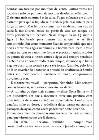 bombas são tocadas por moinhos de vento. Outras vezes são
tocadas a mão ou por meio de motores de óleo ou elétricos.
O sistema mais comum é o da caixa d'água colocada em altura
bastante para que o líquido se distribua pela casa inteira pela
força do peso. Mas há um sistema mais moderno. Em vez da
caixa lá nas alturas, existe no porão da casa um tanque de
ferro perfeitamente fechado. Nesse tanque há ar. Quando a
água é bombeada para dentro do tanque, o ar fica
comprimido. Em certo momento fica tão comprimido que não
deixa entrar mais água nenhuma e a bomba pára. Bem. Desse
tanque partem os canos que levam o precioso líquido a todos
os pontos da casa e nesses canos a água está sempre sentindo
os efeitos do ar comprimido lá no tanque, de modo que basta
a gente abrir uma torneira para ela jorrar. Quando, pelo fato
de ir-se esvaziando o tanque, a pressão do ar afrouxa, a bomba
entra em movimento e enche-o de novo, comprimindo
novamente o ar.
— E as torneiras, vovó? — perguntou Narizinho. Lido sempre
com as torneiras, sem saber como são por dentro.
— A torneira do tipo mais comum — disse Dona Benta — é
um dispositivo em que a maçaneta torce um parafuso com
uma telinha de couro curtido na extremidade. Conforme o
parafuso sobe ou desce, a rodelinha deixa passar ou tranca a
passagem da água, como vocês podem ver neste desenho.
E mandou a menina desenhar uma torneira rachada ao meio,
para que vissem como era lá dentro.
-— Eu sabia — declarou Pedrinho — porque vivo
consertando as torneiras aqui de casa. Quando começam a
 
