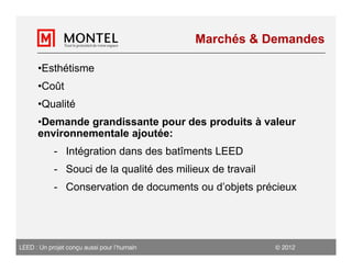 Marchés & Demandes

      •Esthétisme
      •Coût
      •Qualité
      •Demande grandissante pour des produits à valeur
      environnementale ajoutée:
            - Intégration dans des batîments LEED
            - Souci de la qualité des milieux de travail
            - Conservation de documents ou d’objets précieux




LEED : Un projet conçu aussi pour l’humain                  2012
 