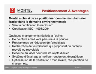 Positionnement & Avantages

    Montel a choisi de se positionner comme manufacturier
    leader dans le domaine environnemental:
    • Vise la certification GreenGuard
    • Certification ISO 14001:2004

    Quelques changements réalisés à l’usine:
    • De peinture émail vers peinture à la poudre
    • Programmes de réduction de l’emballage
    • Recherches de fournisseurs qui proposent du contenu
      recyclé ou recyclable
    • Découpe au laser pour réduire rejets d’acier
    • Système d’éclairage à meilleur rendement énergétique
    • Optimisation de la ventilation : mur solaire, récupération de
      chaleur, etc.
LEED : Un projet conçu aussi pour l’humain                      2012
 