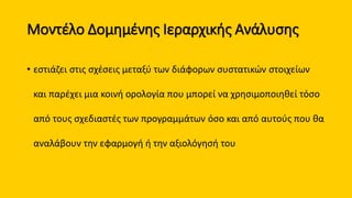 Μοντέλο Δομημένης Ιεραρχικής Ανάλυσης
• εστιάζει στις σχέσεις μεταξύ των διάφορων συστατικών στοιχείων
και παρέχει μια κοινή ορολογία που μπορεί να χρησιμοποιηθεί τόσο
από τους σχεδιαστές των προγραμμάτων όσο και από αυτούς που θα
αναλάβουν την εφαρμογή ή την αξιολόγησή του
 