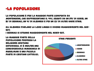 La popolazione è per la maggior parte composta da
Montengrini, che rappresentano il 44%, seguiti da un 29% di Serbi, un
8% di Bosniaci, un 4% di Albanesi e poi un 13% di altre varie etnie.
Gli Albanesi parlano la loro lingua e vivono maggiormente nel sud-
est;
i Bosniaci si situano maggiormente nel nord-est.
Etnie presenti
Montenegrini
Serbi
Bosniaci
Albanesi
Altre etnie
La maggior parte della
popolazione professa la
religione cristiana
ortodossa. Vi è inoltre una
considerevole minoranza di
musulmani e una piccola
parte di cristiani cattolici.
 