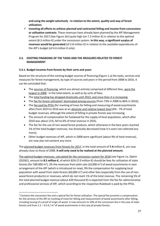 27
and using the weight selectively - in relation to the extent, quality and way of forest
utilisation;
 Investing all efforts to achieve planned and contracted felling and income from concessions
or utilisation contracts. These revenues have already been planned by the AfF Management
Program for 2017 (See Figure 1b!) quite high (on 7.3 million €) in relation to the optimal
extent (8.3 million €) under the concession system. In this way, a significant surplus of
revenues would be generated (of 2.8 million €) in relation to the available expenditures of
the AfF's budget (of 4.6 million € only).
3.3. EXISTING FINANCING OF THE TASKS AND THE MEASURES RELATED TO FOREST
MANAGEMENT
3.3.1. Budget incomes from forests by their sorts and years
Based on the structure of the existing budget sources of financing (Figure 1 a) the tasks, services and
measures for forest management, by type of sources and years in the period from 2008 to 2016, it
can be concluded that:
 The sources of financing, which are almost entirely comprised of different fees, were the
largest in 2008 - in the total extent, as well as by sorts of fees;
 The total funding has dropped drastically until 2012, and since then it is increasing;
 The fee for forest utilisation5
dominated among sources (from 73% in 2008 to 86% in 2016);
 The fee paid by PFOs (for marking of trees for felling and measuring of wood assortments
after) from 2014 to 2016 was at an absolute and relative lowest level (6% - 7% of total
budget revenue), although the extent of felling in private forests was increasing;
 The amount of compensation for fuelwood for the supply of local population, which after
2010 was about 11%, fell to 6% of total revenue in 2016;
 The fee for the use of non-wood forest products, which otherwise in the best years reached
1% of the total budget revenues, has drastically decreased (now it is even not collected any
more);
 Other budget revenues of AfF, which in 2008 were significant (about 9% of total revenue),
are now also not existent any more.
The planned budget revenues from forests for 2017, in the total amount of 7.4 million €, are now
already close to those of 2008. It will only need to be realized at the planned amount.
The optimal budget revenues, calculated for the concession system for 2018 (see Figure 1a, Optim
(2018)!), amount to 8.5 million €, of which 82% (7.0 million €) should be fees for utilisation of state
forests (for 500.000 m3
), 3% the revenues from pilot sale (10,000 m3
) of wood assortments in own
arrangement of the AfF (which is introduced on new), 9% the compensation for supplying local
population with wood from state forests (60,000 m3
) and other fees (especially from the use of non-
wood forest products) or revenues, which do not reach 1% of the total revenue. The remaining 5% of
the total planned budget revenue (about 420 thousand €) is expected from the fee for administrative
and professional services of AfF, which according to the respective Rulebook is paid by the PFOs.
5
Contains the concession fee and a special fee for forest utilisation. The special fee presents a compensation
for the services of the AfF on marking of trees for felling and measurement of wood assortments after felling,
including issuing of a proof of origin of wood. It now amounts to 10% of the concession fee in the case of state
forests and from 1.5 – 4.5 € / m3
of wood assortments in the case pf private forests.
 