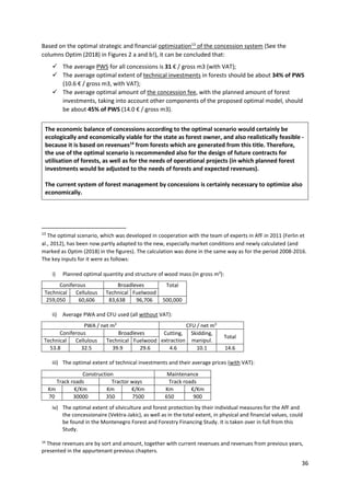 36
Based on the optimal strategic and financial optimization13
of the concession system (See the
columns Optim (2018) in Figures 2 a and b!), it can be concluded that:
 The average PWS for all concessions is 31 € / gross m3 (with VAT);
 The average optimal extent of technical investments in forests should be about 34% of PWS
(10.6 € / gross m3, with VAT);
 The average optimal amount of the concession fee, with the planned amount of forest
investments, taking into account other components of the proposed optimal model, should
be about 45% of PWS (14.0 € / gross m3).
The economic balance of concessions according to the optimal scenario would certainly be
ecologically and economically viable for the state as forest owner, and also realistically feasible -
because it is based on revenues14
from forests which are generated from this title. Therefore,
the use of the optimal scenario is recommended also for the design of future contracts for
utilisation of forests, as well as for the needs of operational projects (in which planned forest
investments would be adjusted to the needs of forests and expected revenues).
The current system of forest management by concessions is certainly necessary to optimize also
economically.
13
The optimal scenario, which was developed in cooperation with the team of experts in AfF in 2011 (Ferlin et
al., 2012), has been now partly adapted to the new, especially market conditions and newly calculated (and
marked as Optim (2018) in the figures). The calculation was done in the same way as for the period 2008-2016.
The key inputs for it were as follows:
i) Planned optimal quantity and structure of wood mass (in gross m3
):
Coniferous Broadleves Total
Technical Cellulous Technical Fuelwood
259,050 60,606 83,638 96,706 500,000
ii) Average PWA and CFU used (all without VAT):
PWA / net m3
CFU / net m3
Coniferous Broadleves Cutting,
extraction
Skidding,
manipul.
Total
Technical Cellulous Technical Fuelwood
53.8 32.5 39.9 29.6 4.6 10.1 14.6
iii) The optimal extent of technical investments and their average prices (with VAT):
Construction Maintenance
Track roads Tractor ways Track roads
Km €/Km Km €/Km Km €/Km
70 30000 350 7500 650 900
iv) The optimal extent of silviculture and forest protection by their individual measures for the AfF and
the concessionaire (Vektra-Jakic), as well as in the total extent, in physical and financial values, could
be found in the Montenegro Forest and Forestry Financing Study. It is taken over in full from this
Study.
14
These revenues are by sort and amount, together with current revenues and revenues from previous years,
presented in the appurtenant previous chapters.
 