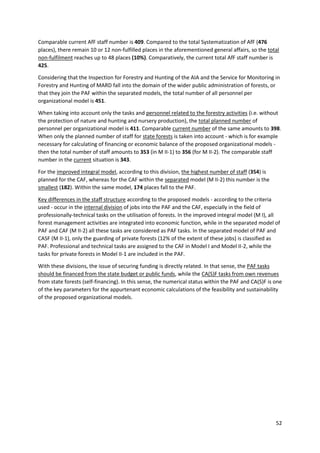 52
Comparable current AfF staff number is 409. Compared to the total Systematization of AfF (476
places), there remain 10 or 12 non-fulfilled places in the aforementioned general affairs, so the total
non-fulfilment reaches up to 48 places (10%). Comparatively, the current total AfF staff number is
425.
Considering that the Inspection for Forestry and Hunting of the AIA and the Service for Monitoring in
Forestry and Hunting of MARD fall into the domain of the wider public administration of forests, or
that they join the PAF within the separated models, the total number of all personnel per
organizational model is 451.
When taking into account only the tasks and personnel related to the forestry activities (i.e. without
the protection of nature and hunting and nursery production), the total planned number of
personnel per organizational model is 411. Comparable current number of the same amounts to 398.
When only the planned number of staff for state forests is taken into account - which is for example
necessary for calculating of financing or economic balance of the proposed organizational models -
then the total number of staff amounts to 353 (in M II-1) to 356 (for M II-2). The comparable staff
number in the current situation is 343.
For the improved integral model, according to this division, the highest number of staff (354) is
planned for the CAF, whereas for the CAF within the separated model (M II-2) this number is the
smallest (182). Within the same model, 174 places fall to the PAF.
Key differences in the staff structure according to the proposed models - according to the criteria
used - occur in the internal division of jobs into the PAF and the CAF, especially in the field of
professionally-technical tasks on the utilisation of forests. In the improved integral model (M I), all
forest management activities are integrated into economic function, while in the separated model of
PAF and CAF (M II-2) all these tasks are considered as PAF tasks. In the separated model of PAF and
CASF (M II-1), only the guarding of private forests (12% of the extent of these jobs) is classified as
PAF. Professional and technical tasks are assigned to the CAF in Model I and Model II-2, while the
tasks for private forests in Model II-1 are included in the PAF.
With these divisions, the issue of securing funding is directly related. In that sense, the PAF tasks
should be financed from the state budget or public funds, while the CA(S)F tasks from own revenues
from state forests (self-financing). In this sense, the numerical status within the PAF and CA(S)F is one
of the key parameters for the appurtenant economic calculations of the feasibility and sustainability
of the proposed organizational models.
 