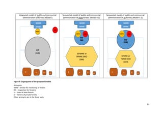 53
Integrated model of public and commercial
administration of forests (Model I)
Serparated model of public and commercial
administration of state forests (Model II-1)
Serparated model of public and commercial
administration of all forests (Model II-2)
Figure 4: Organigrams of the proposed models
Acronyms:
MON – Service for monitoring of forests
INS – Inspection for forestry
U – Users of state forests
O – Owners of private forests
Other acronyms are in the Study texts.
AfF
(428)
U U O O
MARD
DFHWI
MON
INS
K K O O
MARD
DFHWI
MON INS
SSFMNE or
SFMNE DOO
(366)
U U O O
MARD
DFHWI
MON INS
SFMNE or
FMNE DOO
(223)
 