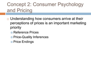 Concept 2: Consumer Psychology
and Pricing
 Understanding how consumers arrive at their
perceptions of prices is an important marketing
priority
 Reference Prices
 Price-Quality Inferences
 Price Endings
 
