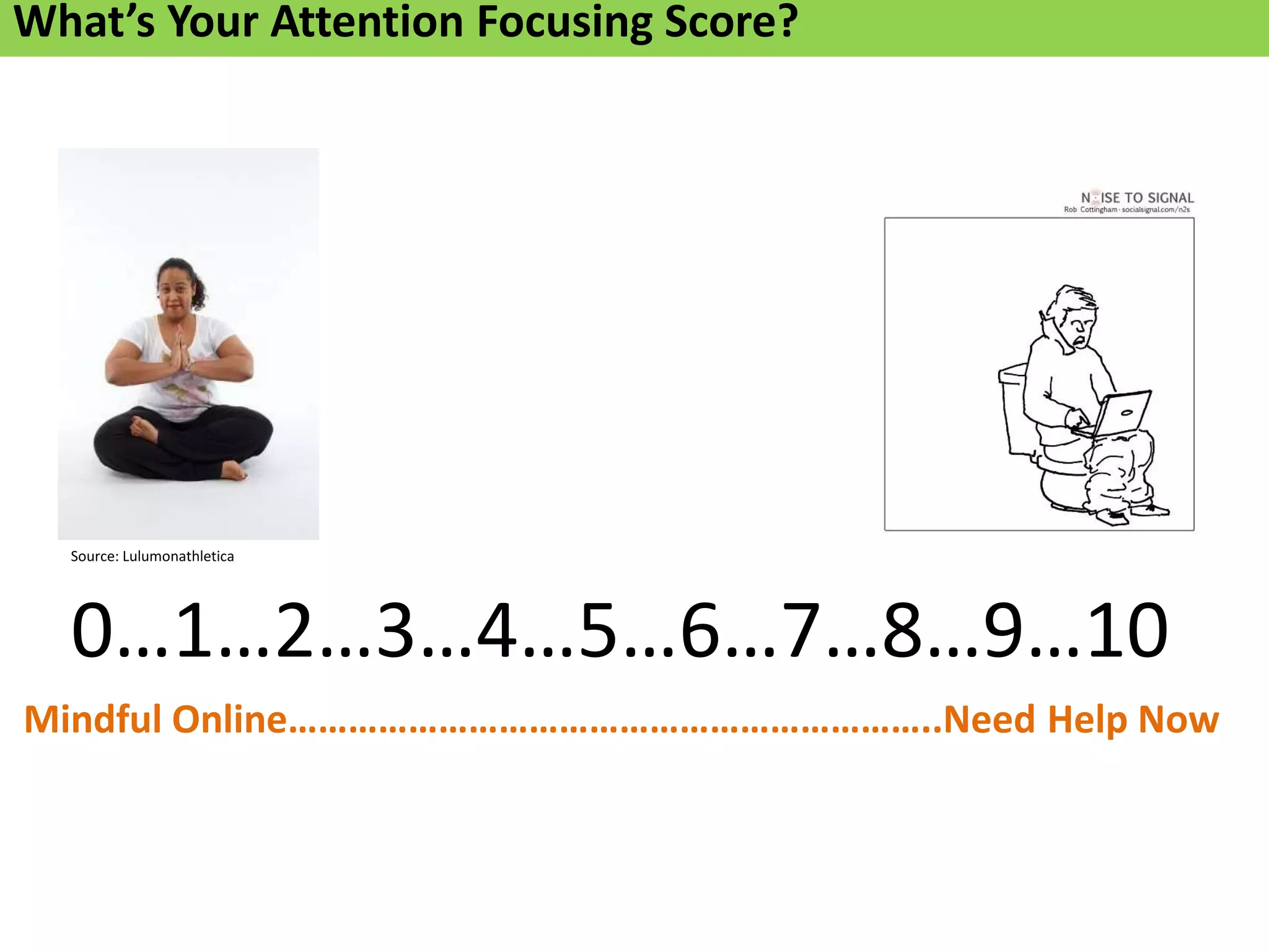 What’s Your Attention Focusing Score?




  Source: Lulumonathletica




  0…1…2…3…4…5…6…7…8…9…10
Mindful Online………………………………………………………..Need Help Now
 