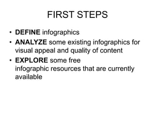 FIRST STEPS 
• DEFINE infographics 
• ANALYZE some existing infographics for 
visual appeal and quality of content 
• EXPLORE some free 
infographic resources that are currently 
available 
 