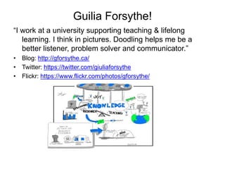 Guilia Forsythe! 
“I work at a university supporting teaching & lifelong 
learning. I think in pictures. Doodling helps me be a 
better listener, problem solver and communicator.” 
• Blog: http://gforsythe.ca/ 
• Twitter: https://twitter.com/giuliaforsythe 
• Flickr: https://www.flickr.com/photos/gforsythe/ 
 