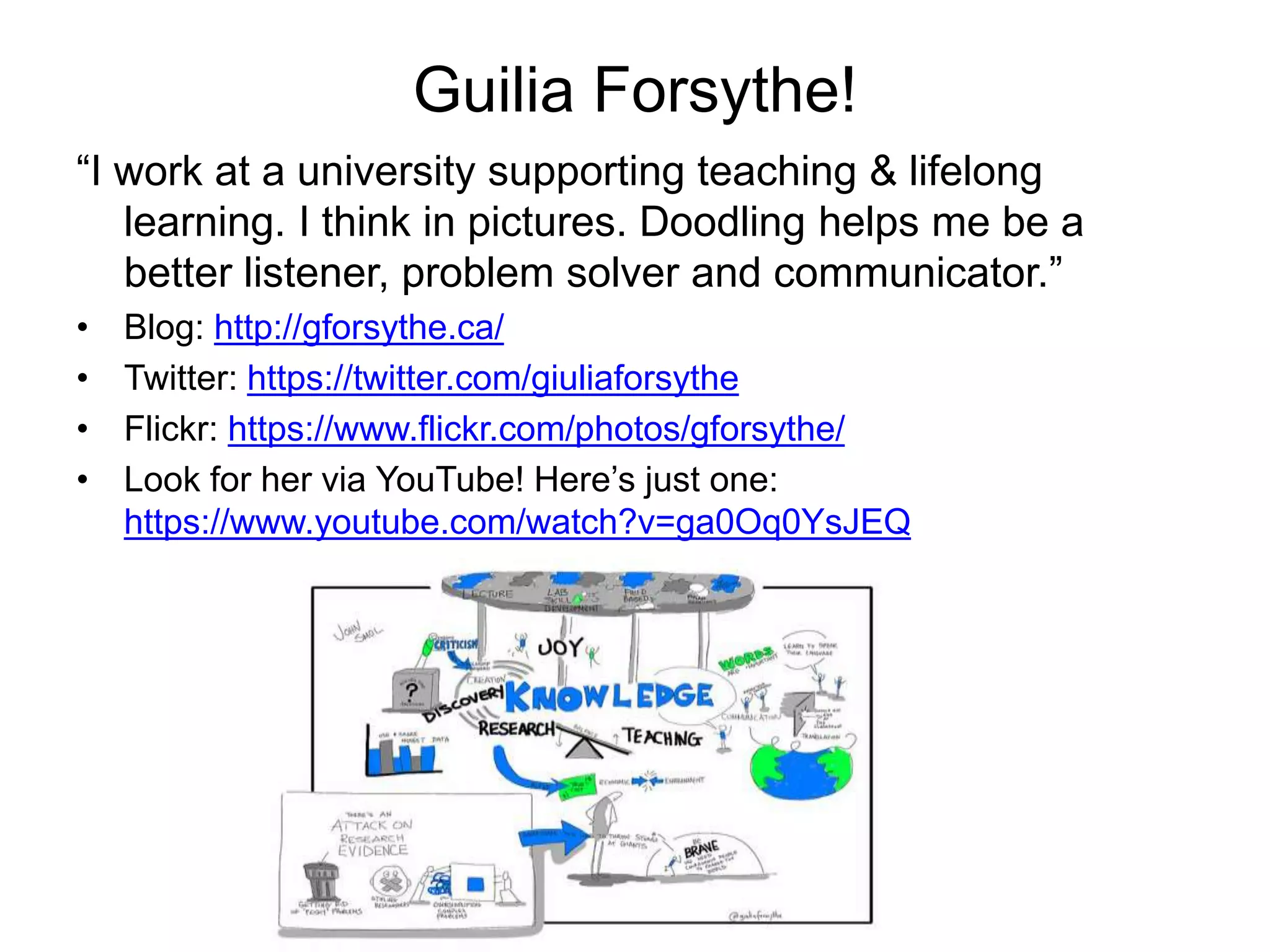 Guilia Forsythe! 
“I work at a university supporting teaching & lifelong 
learning. I think in pictures. Doodling helps me be a 
better listener, problem solver and communicator.” 
• Blog: http://gforsythe.ca/ 
• Twitter: https://twitter.com/giuliaforsythe 
• Flickr: https://www.flickr.com/photos/gforsythe/ 
• Look for her via YouTube! Here’s just one: 
https://www.youtube.com/watch?v=ga0Oq0YsJEQ 
 