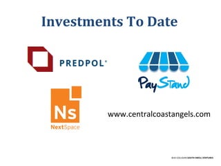 Investments To Date
BUD COLLIGAN SOUTH SWELL VENTURES
www.centralcoastangels.com
 