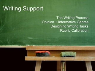 Writing Support
                       The Writing Process
              Opinion + Informative Genres
                   Designing Writing Tasks
                          Rubric Calibration
 