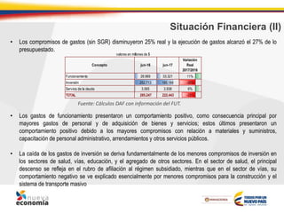 Situación Financiera (II)
• Los compromisos de gastos (sin SGR) disminuyeron 25% real y la ejecución de gastos alcanzó el 27% de lo
presupuestado.
• Los gastos de funcionamiento presentaron un comportamiento positivo, como consecuencia principal por
mayores gastos de personal y de adquisición de bienes y servicios; estos últimos presentaron un
comportamiento positivo debido a los mayores compromisos con relación a materiales y suministros,
capacitación de personal administrativo, arrendamientos y otros servicios públicos.
• La caída de los gastos de inversión se deriva fundamentalmente de los menores compromisos de inversión en
los sectores de salud, vías, educación, y el agregado de otros sectores. En el sector de salud, el principal
descenso se refleja en el rubro de afiliación al régimen subsidiado, mientras que en el sector de vías, su
comportamiento negativo se ve explicado esencialmente por menores compromisos para la construcción y el
sistema de transporte masivo
Fuente: Cálculos DAF con información del FUT.
Funcionamiento 28.969 33.321 11%
Inversión 252.713 185.184 -30%
Servicio de la deuda 3.565 3.938 6%
TOTAL 285.247 222.443 -25%
valores en millones de $
Concepto
Variación
Real
2017/2016
jun-16 jun-17
 