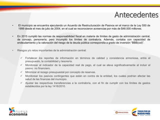 Antecedentes
• El municipio se encuentra ejecutando un Acuerdo de Restructuración de Pasivos en el marco de la Ley 550 de
1999 desde el mes de julio de 2004, en el cual se reconocieron acreencias por más de $48.000 millones.
• En 2015 cumplió las normas de responsabilidad fiscal en materia de límites de gasto de administración central,
de concejo, personería; pero incumplió los límites de contraloría. Además, contaba con capacidad de
endeudamiento y la valoración del riesgo de la deuda pública correspondía a grado de inversión “BBB(col)”.
• Riesgos y/o retos importantes de la administración central:
 Fortalecer los reportes de información en términos de calidad y consistencia armoniosa, entre el
presupuesto, la contabilidad y tesorería.
 Monitorear el indicador de la capacidad real de pago, el cual se eleva significativamente al incluir el
pasivo no financiero.
 Minimizar el rezago presupuestal por concepto de reservas.
 Monitorear los pasivos contingentes que están en contra de la entidad, los cuales podrían afectar las
salud de las finanzas del municipio.
 Ajustar las respectivas transferencias a la contraloría, con el fin de cumplir con los límites de gastos
establecidos por la ley 1416/2010.
 