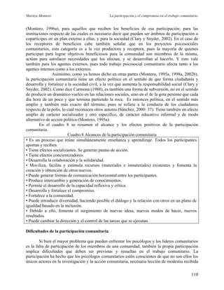 Maritza Montero La participación y el compromiso en el trabajo comunitario
(Montero, 1996a), para aquellos que reciben los beneficios de esa participación; para las
instituciones respecto de las cuales es necesario decir que pueden ser ámbitos de participación o
copartícipes en un plan externo a ellas, y para la sociedad (Clary y Snyder, 2002). En el caso de
los receptores de beneficios cabe también señalar que en los proyectos psicosociales
comunitarios, esta categoría es a la vez productora y receptora, pues la mayoría de quienes
participan para lograr objetivos beneficiosos para la comunidad son miembros de la misma,
actúan para satisfacer necesidades que los afectan, y se desarrollan al hacerlo. Y esto vale
también para los agentes externos, pues todo trabajo psicosocial comunitario afecta tanto a los
agentes internos como a los externos.
Asimismo, como ya hemos dicho en otras partes (Montero, 1995a, 1998a, 2002b),
la participación comunitaria tiene un efecto político en el sentido de que forma ciudadanía y
desarrolla y fortalece a la sociedad civil, a la vez que aumenta la responsabilidad social (Clary y
Snyder, 2002). Como dice Carmona (1988), es también una forma de subversión, no en el sentido
de producir un dramático vuelco en las relaciones sociales, sino en el de la gota perenne que cada
día hora da un poco y que termina partiendo la roca. Es entonces política, en el sentido más
amplio y también más exacto del término, pues se refiere a la conducta de los ciudadanos
respecto de la polis, lo cual reconocen otros autores (Sánchez, 2000: 37). Tiene también un efecto
amplio de carácter socializador y otro específico, de carácter educativo informal y de modo
alternativo de acción política (Montero, 1995a).
En el cuadro 8 se resumen el alcance y los efectos positivos de la participación
comunitaria.
Cuadro 8 Alcances de la participación comunitaria
• Es un proceso que reúne simultáneamente enseñanza y aprendizaje. Todos los participantes
aportan y reciben.
• Tiene efectos socializantes. Se generan pautas de acción.
• Tiene efectos concientizadores.
• Desarrolla la colaboración y la solidaridad.
• Moviliza, facilita y estimula recursos (materiales e inmateriales) existentes y fomenta la
creación y obtención de otros nuevos.
• Puede generar formas de comunicación horizontal entre los participantes.
• Produce intercambio y generación de conocimientos.
• Permite el desarrollo de la capacidad reflexiva y crítica.
• Desarrolla y fortalece el compromiso.
• Fortalece a la comunidad.
• Puede introducir diversidad, haciendo posible el diálogo y la relación con otros en un plano de
igualdad basado en la inclusión.
• Debido a ello, fomenta el surgimiento de nuevas ideas, nuevos modos de hacer, nuevos
resultados.
• Puede cambiar la dirección y el control de las tareas que se ejecutan.
Dificultades de la participación comunitaria
Si bien el mayor problema que pueden enfrentar los psicólogos y los líderes comunitarios
es la falta de participación de los miembros de una comunidad, también la propia participación
implica dificultades que deben ser previstas y resueltas en el trabajo comunitario. La
participación ha hecho que los psicólogos comunitarios estén conscientes de que no son ellos los
únicos actores en la investigación y la acción comunitaria, necesaria lección de modestia recibida
110
 
