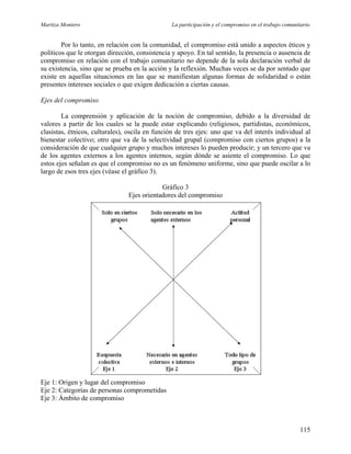 Maritza Montero La participación y el compromiso en el trabajo comunitario
Por lo tanto, en relación con la comunidad, el compromiso está unido a aspectos éticos y
políticos que le otorgan dirección, consistencia y apoyo. En tal sentido, la presencia o ausencia de
compromiso en relación con el trabajo comunitario no depende de la sola declaración verbal de
su existencia, sino que se prueba en la acción y la reflexión. Muchas veces se da por sentado que
existe en aquellas situaciones en las que se manifiestan algunas formas de solidaridad o están
presentes intereses sociales o que exigen dedicación a ciertas causas.
Ejes del compromiso
La comprensión y aplicación de la noción de compromiso, debido a la diversidad de
valores a partir de los cuales se la puede estar explicando (religiosos, partidistas, económicos,
clasistas, étnicos, culturales), oscila en función de tres ejes: uno que va del interés individual al
bienestar colectivo; otro que va de la selectividad grupal (compromiso con ciertos grupos) a la
consideración de que cualquier grupo y muchos intereses lo pueden producir; y un tercero que va
de los agentes externos a los agentes internos, según dónde se asiente el compromiso. Lo que
estos ejes señalan es que el compromiso no es un fenómeno uniforme, sino que puede oscilar a lo
largo de esos tres ejes (véase el gráfico 3).
Gráfico 3
Ejes orientadores del compromiso
Eje 1: Origen y lugar del compromiso
Eje 2: Categorías de personas comprometidas
Eje 3: Ámbito de compromiso
115
 