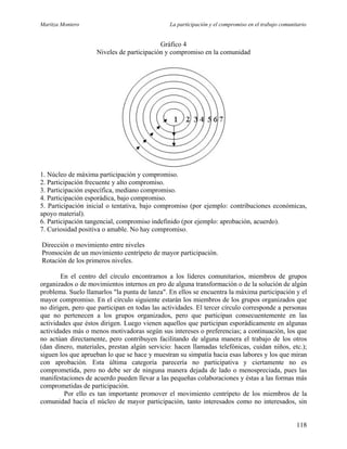 Maritza Montero La participación y el compromiso en el trabajo comunitario
Gráfico 4
Niveles de participación y compromiso en la comunidad
1. Núcleo de máxima participación y compromiso.
2. Participación frecuente y alto compromiso.
3. Participación específica, mediano compromiso.
4. Participación esporádica, bajo compromiso.
5. Participación inicial o tentativa, bajo compromiso (por ejemplo: contribuciones económicas,
apoyo material).
6. Participación tangencial, compromiso indefinido (por ejemplo: aprobación, acuerdo).
7. Curiosidad positiva o amable. No hay compromiso.
Dirección o movimiento entre niveles
Promoción de un movimiento centrípeto de mayor participación.
Rotación de los primeros niveles.
En el centro del círculo encontramos a los líderes comunitarios, miembros de grupos
organizados o de movimientos internos en pro de alguna transformación o de la solución de algún
problema. Suelo llamarlos "la punta de lanza". En ellos se encuentra la máxima participación y el
mayor compromiso. En el círculo siguiente estarán los miembros de los grupos organizados que
no dirigen, pero que participan en todas las actividades. El tercer círculo corresponde a personas
que no pertenecen a los grupos organizados, pero que participan consecuentemente en las
actividades que éstos dirigen. Luego vienen aquellos que participan esporádicamente en algunas
actividades más o menos motivadoras según sus intereses o preferencias; a continuación, los que
no actúan directamente, pero contribuyen facilitando de alguna manera el trabajo de los otros
(dan dinero, materiales, prestan algún servicio: hacen llamadas telefónicas, cuidan niños, etc.);
siguen los que aprueban lo que se hace y muestran su simpatía hacia esas labores y los que miran
con aprobación. Esta última categoría parecería no participativa y ciertamente no es
comprometida, pero no debe ser de ninguna manera dejada de lado o menospreciada, pues las
manifestaciones de acuerdo pueden llevar a las pequeñas colaboraciones y éstas a las formas más
comprometidas de participación.
Por ello es tan importante promover el movimiento centrípeto de los miembros de la
comunidad hacia el núcleo de mayor participación, tanto interesados como no interesados, sin
118
 