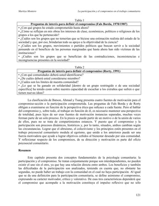 Maritza Montero La participación y el compromiso en el trabajo comunitario
Tabla 1
Preguntas de interés para definir el compromiso (Fals Borda, 1970/1987)
• ¿Con qué grupos he estado comprometido hasta ahora?
• ¿Cómo se reflejan en mis obras los intereses de clase, económicos, políticos o religiosos de los
grupos a los que he pertenecido?
• ¿Cuáles son los grupos que no temerían que se hiciese una estimación realista del estado de la
sociedad y que, por eso, brindarían todo su apoyo a la objetividad de la ciencia?
• ¿Cuáles son los grupos, movimientos o partidos políticos que buscan servir a la sociedad
pensando en el beneficio de las personas marginadas que hasta ahora han sido víctimas de las
instituciones?
• ¿Cuáles son los grupos que se benefician de las contradicciones, inconsistencias e
incongruencias presentes en la sociedad?
Tabla 2
Preguntas de interés para definir el compromiso (Rorty, 1991)
• ¿Con qué comunidades deberá usted identificarse?
• ¿De cuáles deberá usted considerarse miembro?
• ¿Cuáles son los límites de nuestra comunidad?
• ¿Lo que se ha ganado en solidaridad [dentro de un grupo restringido o de una sociedad
específica] ha tenido costo sobre nuestra capacidad de escuchar a los extraños que sufren o que
tienen nuevas ideas?
La clasificación de Batson, Ahmad y Tsang presenta cuatro fuentes de motivación para el
compromiso-acción o la participación comprometida. Las preguntas de Fals Borda y de Rorty
obligan a examinarse en función de la perspectiva ética que subyace a cada fuente. Pero al hablar
del compromiso y, sobre todo, al trabajar en función de él, es necesario mantener una perspectiva
de totalidad, pues lejos de ser esas fuentes de motivación instancias separadas, muchas veces
forman parte de un solo proceso. En la praxis se puede partir de un motivo o de la unión de varios
de ellos, pues no se trata de compartimientos estancos. Y puesto que el compromiso y la
participación son procesos dinámicos, históricos y, por lo tanto, situados, ambos cambian según
las circunstancias. Lograr que el altruismo, el colectivismo y los principios estén presentes en el
trabajo psicosocial comunitario modula al egoísmo, que unido a los anteriores puede ser una
fuerza motivadora que ayude a lograr objetivos ceñidos al bienestar deseado por una comunidad.
Y reflexionar respecto de los compromisos, de su dirección y motivación es parte del oficio
psicosocial comunitario.
Resumen
Este capítulo presenta dos conceptos fundamentales de la psicología comunitaria: la
participación y el compromiso. Se tratan conjuntamente porque son interdependientes, no pueden
existir el uno sin el otro, ya que hay una relación directa entre ambos. Los beneficios y también
las dificultades de la participación son analizados, teniendo en cuenta que, no obstante las
segundas, no puede haber un trabajo con la comunidad en el cual no haya participación. Al igual
que se da una definición para la participación comunitaria, se define asimismo el compromiso,
expresando su carácter motivador, crítico y valorativo. De esas tres características dependerá que
el compromiso que acompañe a la motivación constituya el impulso reflexivo que no sólo
121
 